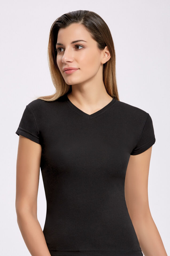 Elastan Siyah V Yaka T-shirt - 1